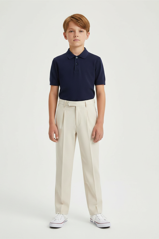 Pantalon À Pince Beige Plissé Ample Enfant Classique - Gabardine
