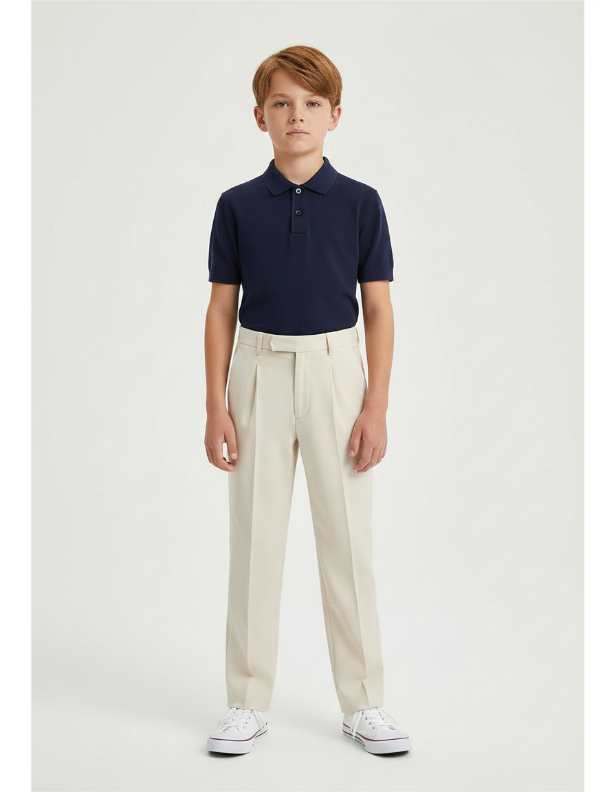 Pantalon À Pince Beige Plissé Ample Enfant Classique - Gabardine