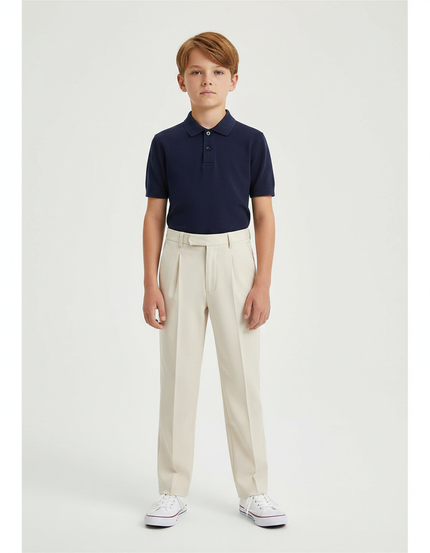 Pantalon À Pince Beige Plissé Ample Enfant Classique - Gabardine
