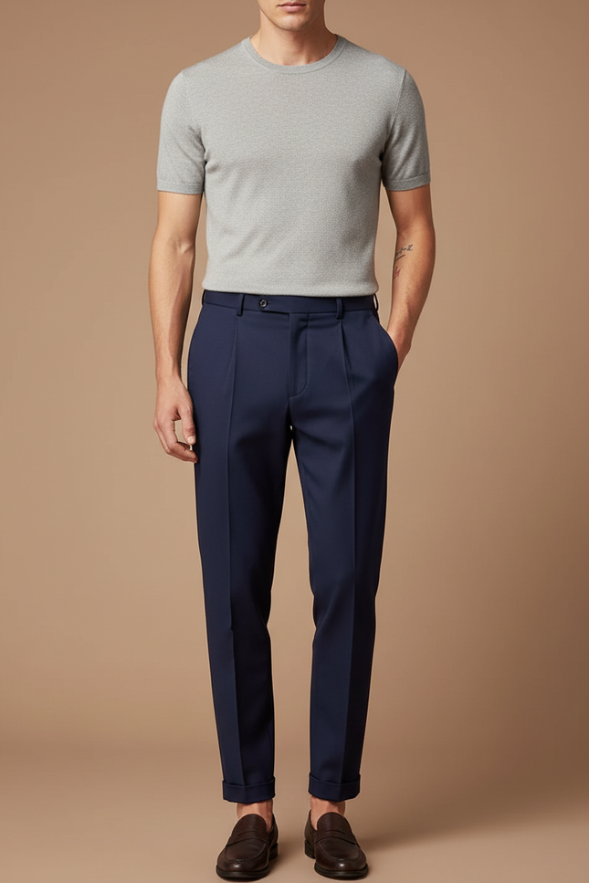 Pantalon À Pince Bleu Marine Élégant Confortable Homme - Gabardine