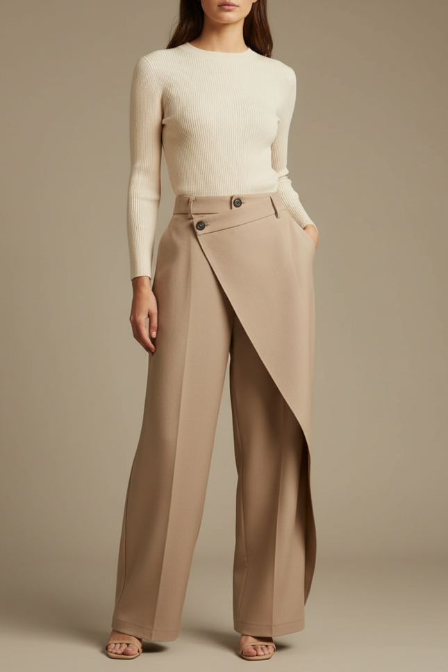 Pantalon À Pince Asymétrique Beige Ample Fluide Élégant - Gabardine