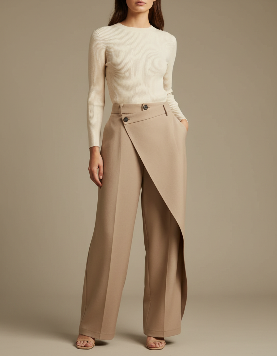 Pantalon À Pince Asymétrique Beige Ample Fluide Élégant - Gabardine