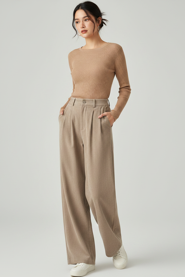 Pantalon À Pince Beige Plissé Droit Ample Décontracté - Molleton