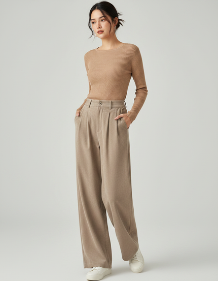 Pantalon À Pince Beige Plissé Droit Ample Décontracté - Molleton