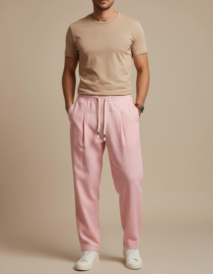 Pantalon À Pince Rose Lin Ample Cordon Décontracté Homme