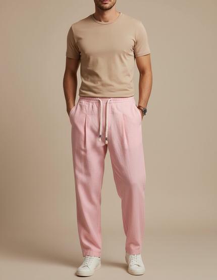 Pantalon À Pince Rose Lin Ample Cordon Décontracté Homme