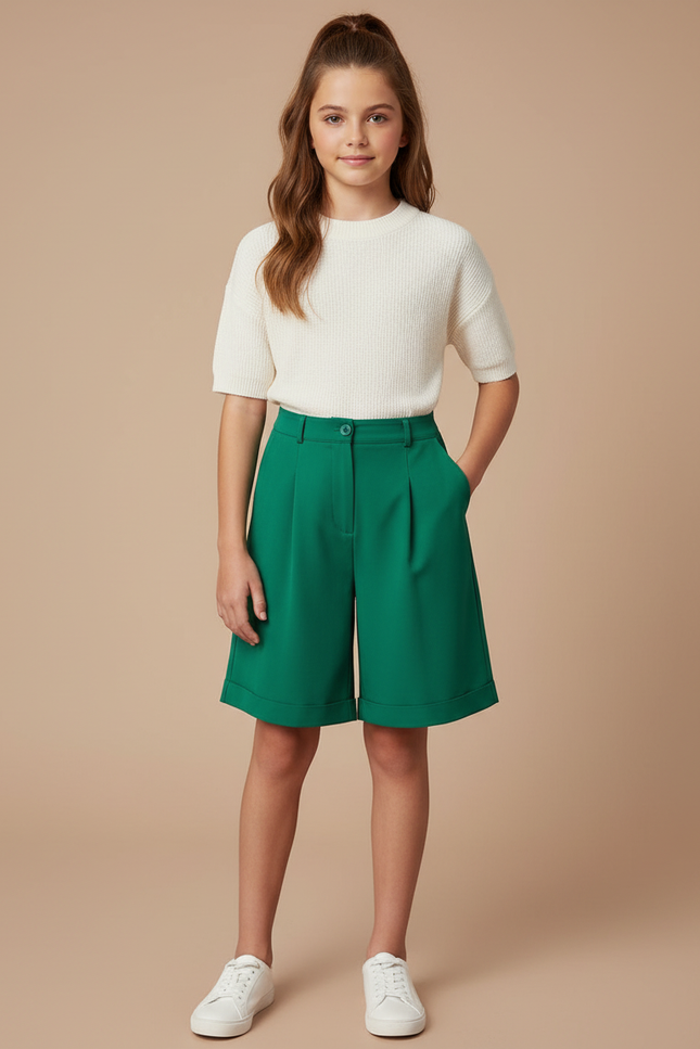 Pantalon À Pince Vert Émeraude Plissé Court Fille - Polyester
