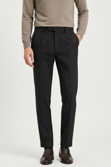 Pantalon À Pince Noir Rayé Slim Élégant Homme - Gabardine