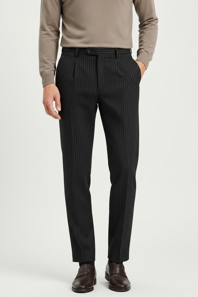 Pantalon À Pince Noir Rayé Slim Élégant Homme - Gabardine