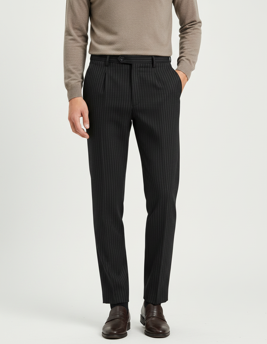 Pantalon À Pince Noir Rayé Slim Élégant Homme - Gabardine