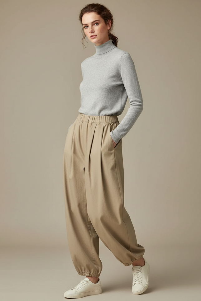 Pantalon À Pince Beige Ample Plissé Décontracté Coton