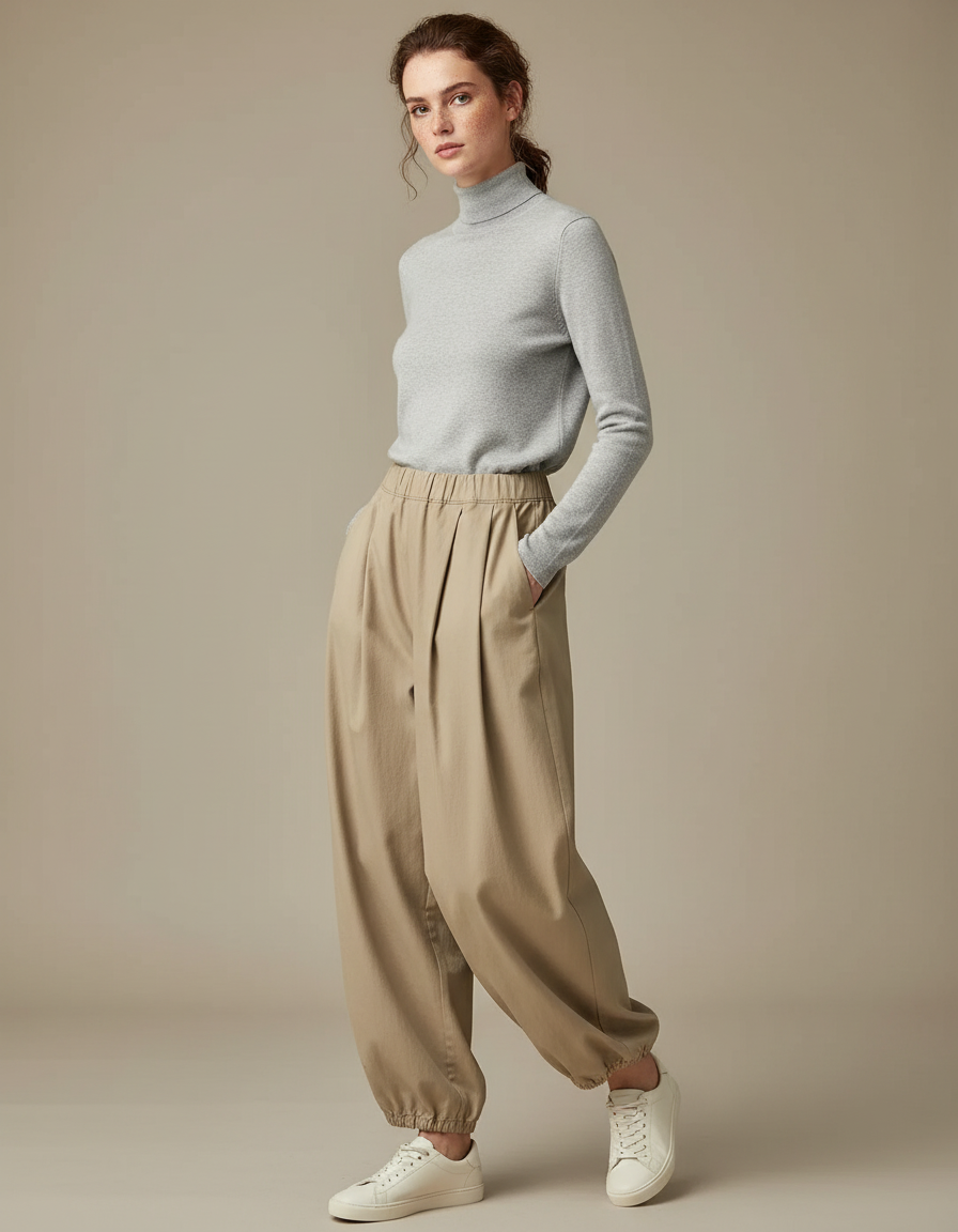 Pantalon À Pince Beige Ample Plissé Décontracté Coton