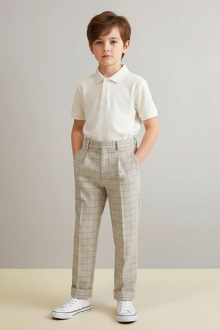 Pantalon À Pince Carreaux Plissé Garçon Élégant Beige - Tweed