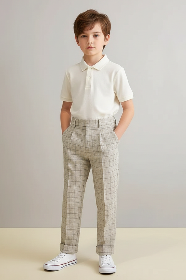 Pantalon À Pince Carreaux Plissé Garçon Élégant Beige - Tweed