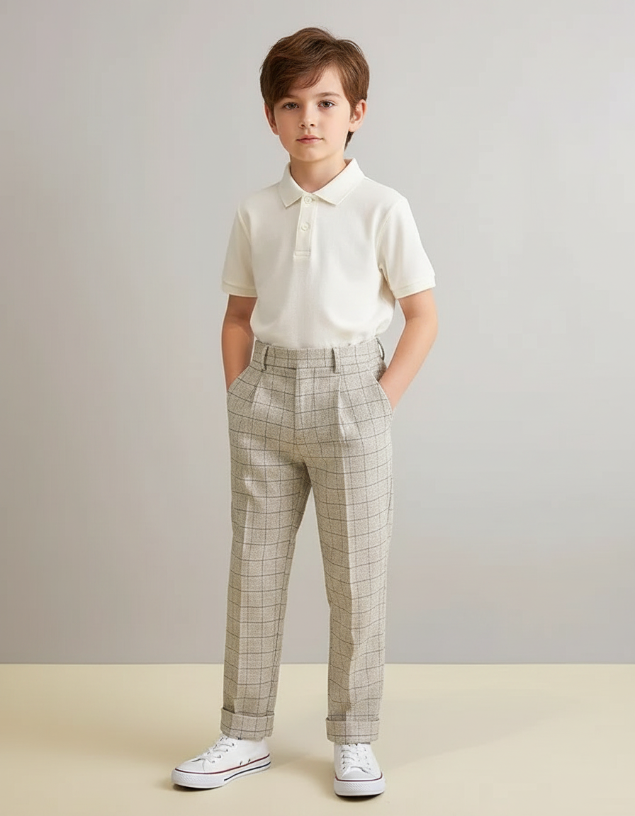 Pantalon À Pince Carreaux Plissé Garçon Élégant Beige - Tweed