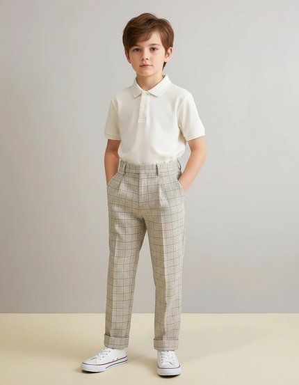 Pantalon À Pince Carreaux Plissé Garçon Élégant Beige - Tweed