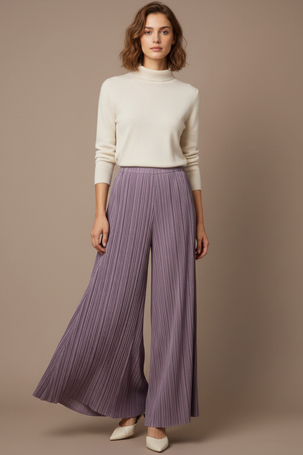 Pantalon À Pince Plissé Ample Violet Fluide Élégant - Polyester