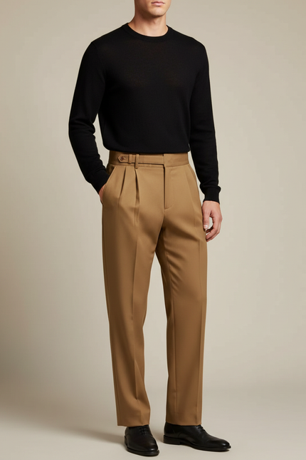 Pantalon À Pince Marron Plissé Classique Élégant Homme - Gabardine