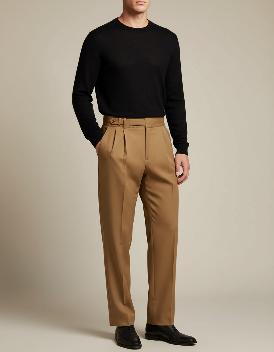 Pantalon À Pince Marron Plissé Classique Élégant Homme - Gabardine