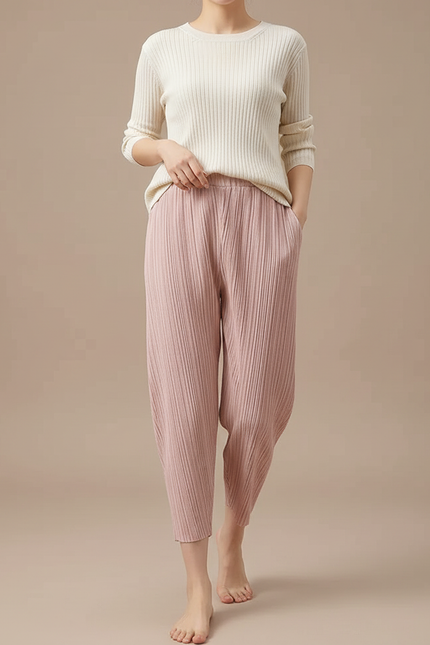 Pantalon À Pince Rose Plissé Ample Décontracté Femme - Maille