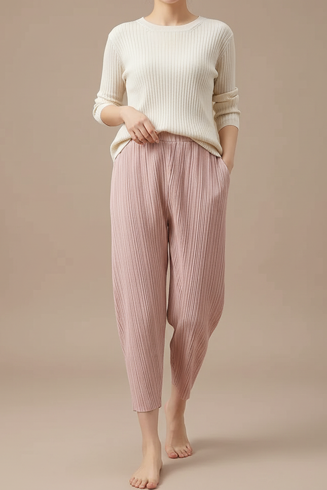 Pantalon À Pince Rose Plissé Ample Décontracté Femme - Maille