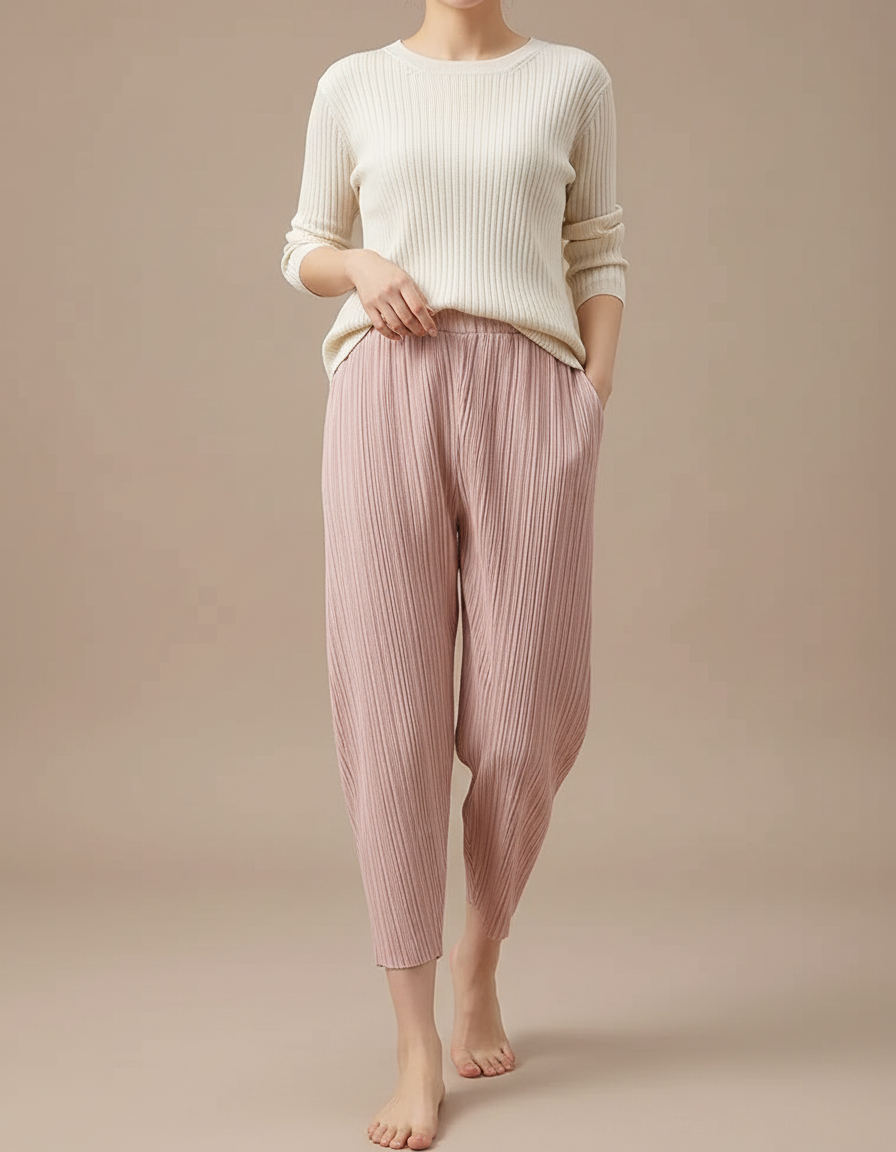 Pantalon À Pince Rose Plissé Ample Décontracté Femme - Maille