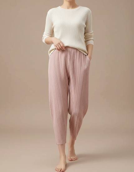 Pantalon À Pince Rose Plissé Ample Décontracté Femme - Maille