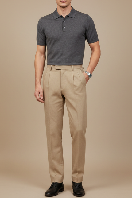Pantalon À Pince Beige Plissé Droit Élégant - Gabardine