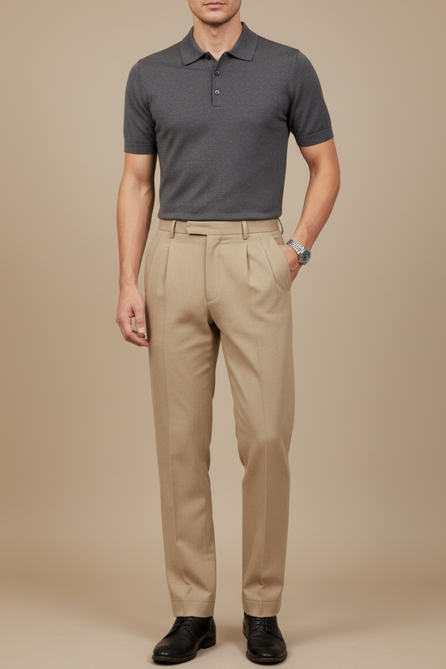 Pantalon À Pince Beige Plissé Droit Élégant - Gabardine