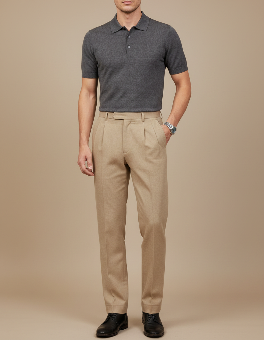 Pantalon À Pince Beige Plissé Droit Élégant - Gabardine