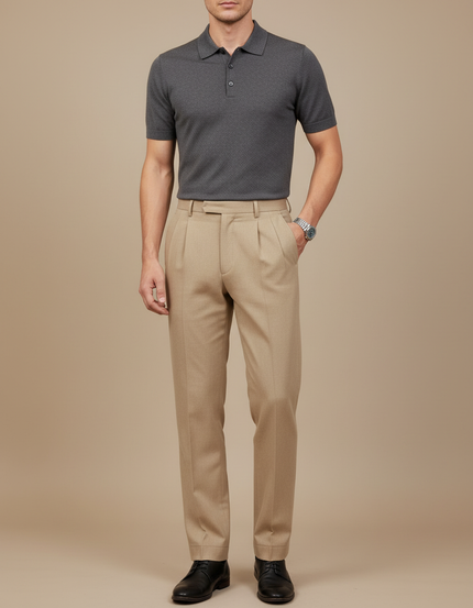 Pantalon À Pince Beige Plissé Droit Élégant - Gabardine