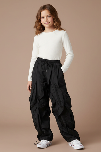 Pantalon À Pince Noir Ample Plissé Décontracté Enfant - Polyester