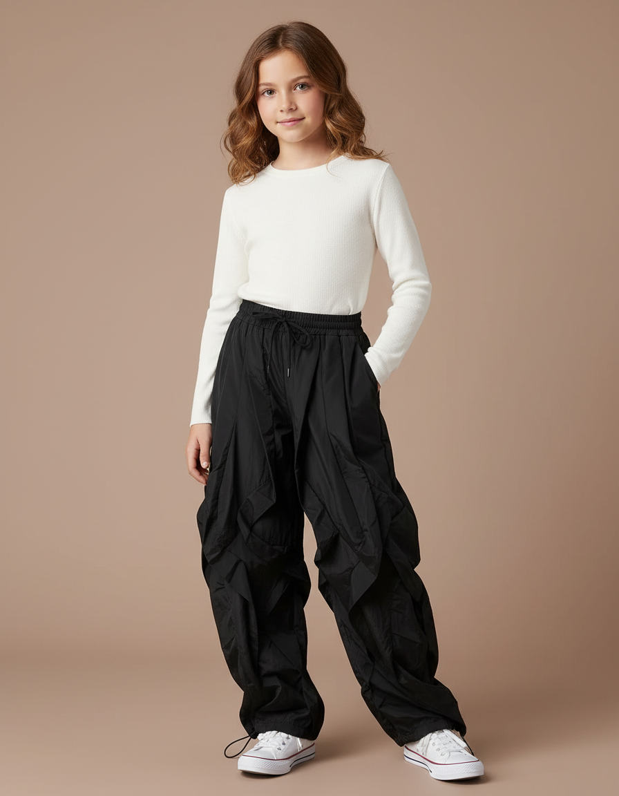 Pantalon À Pince Noir Ample Plissé Décontracté Enfant - Polyester