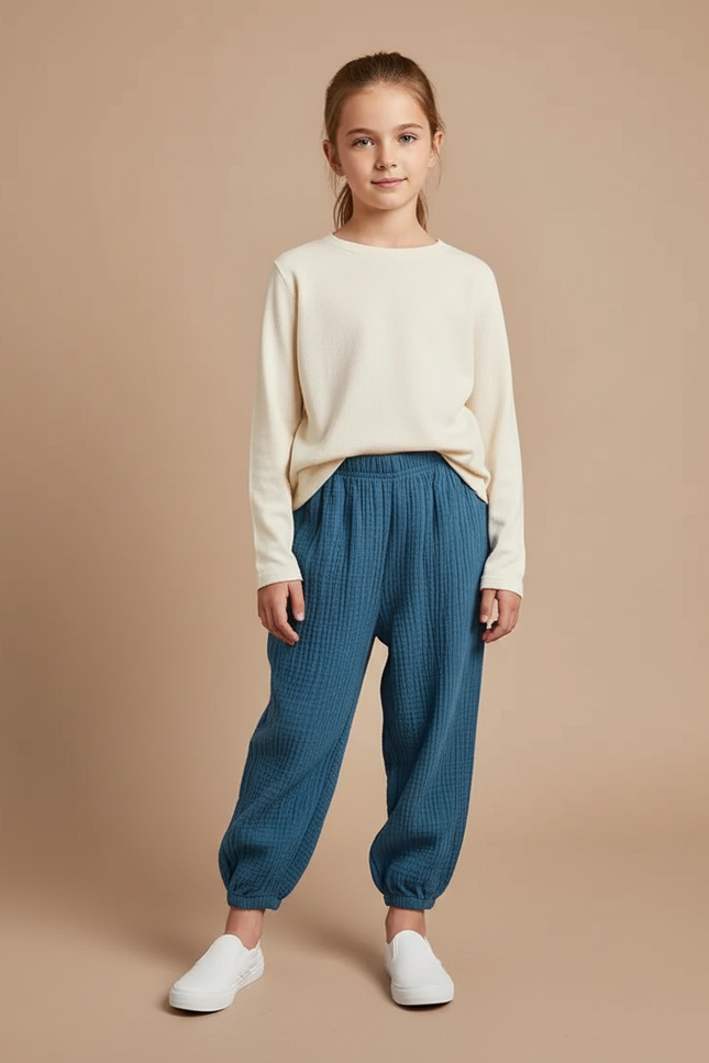 Pantalon À Pince Bleu Coton Plissé Ample Enfant