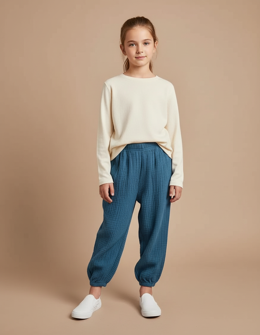 Pantalon À Pince Bleu Coton Plissé Ample Enfant