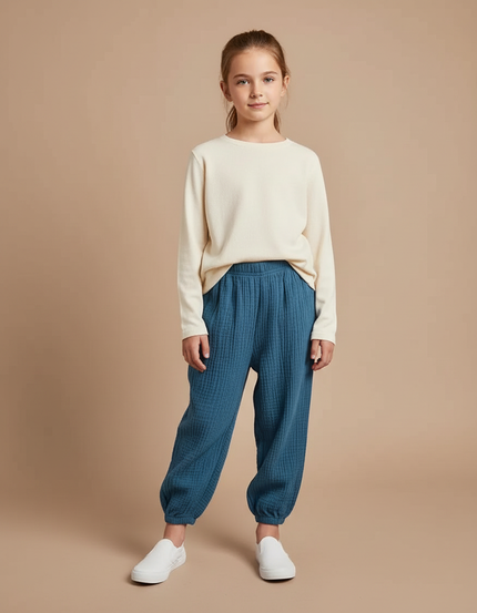 Pantalon À Pince Bleu Coton Plissé Ample Enfant