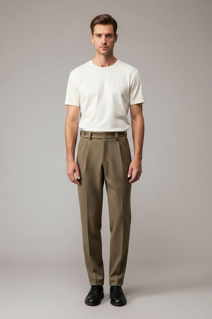 Pantalon À Pince Marron Laine Droit Décontracté Homme - Kaki