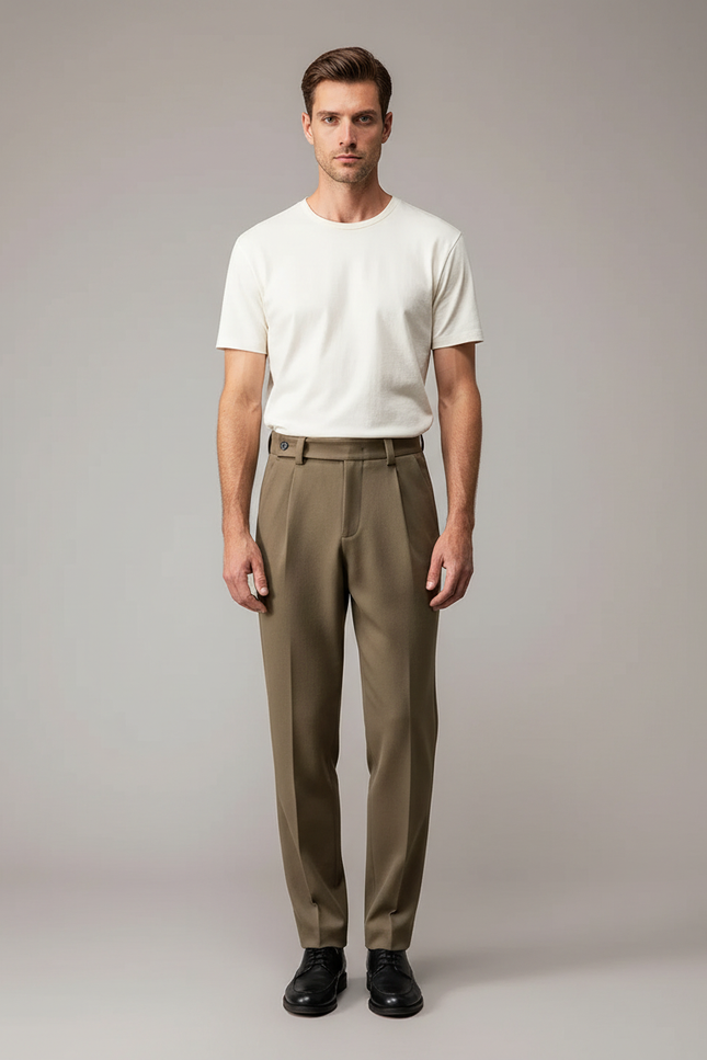 Pantalon À Pince Marron Laine Droit Décontracté Homme - Kaki