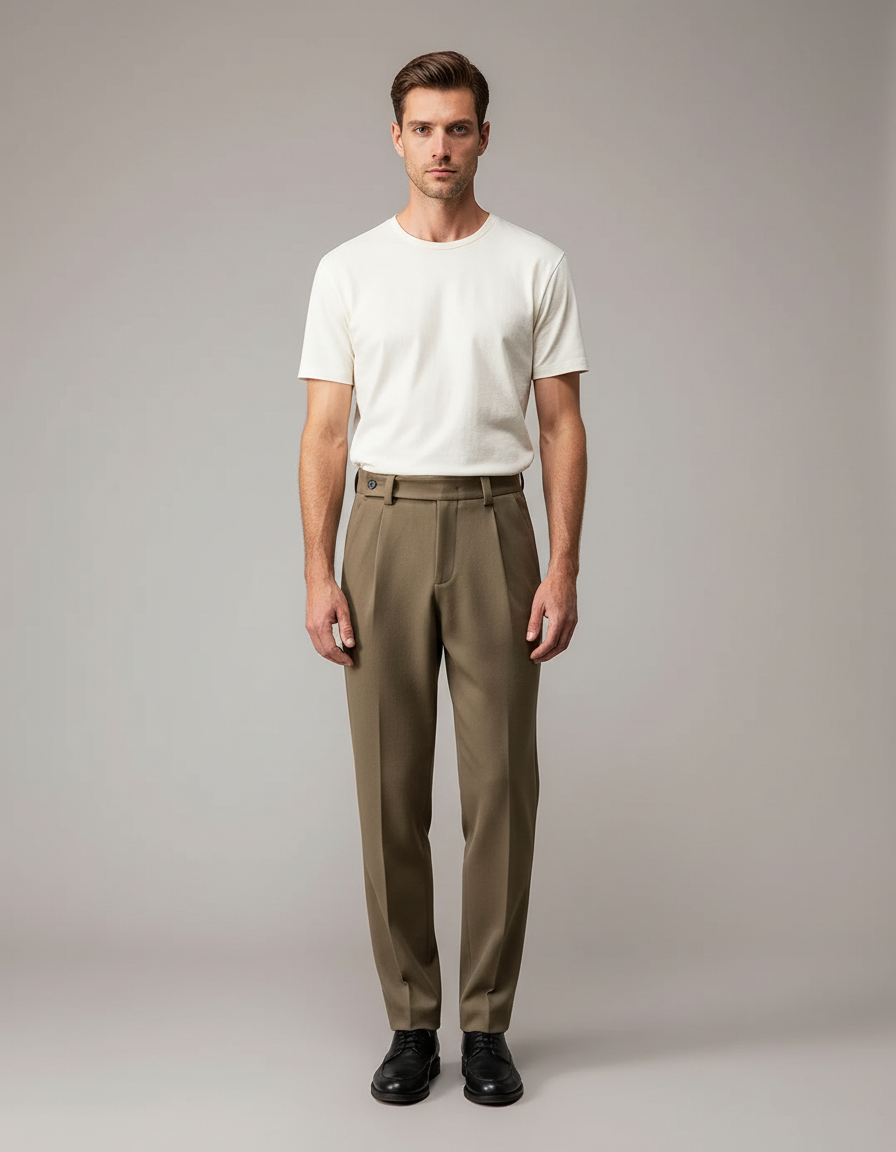 Pantalon À Pince Marron Laine Droit Décontracté Homme - Kaki