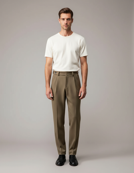 Pantalon À Pince Marron Laine Droit Décontracté Homme - Kaki