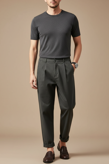 Pantalon À Pince Gris Foncé Coton Décontracté Plissé Homme