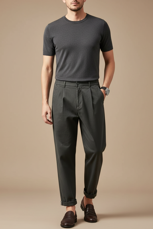 Pantalon À Pince Gris Foncé Coton Décontracté Plissé Homme