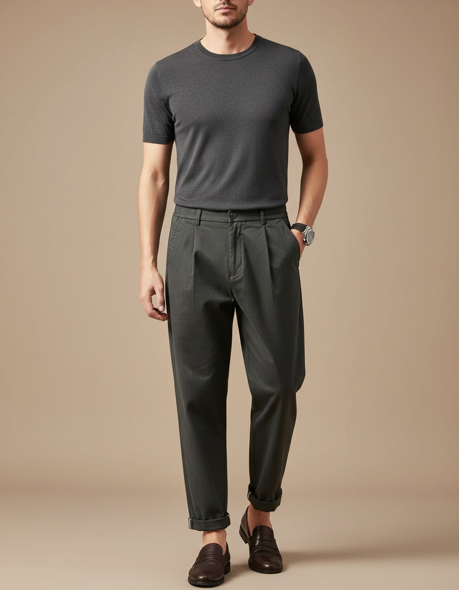 Pantalon À Pince Gris Foncé Coton Décontracté Plissé Homme