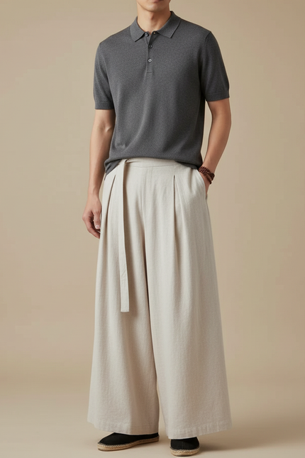 Pantalon À Pince Lin Ample Plissé Beige Homme