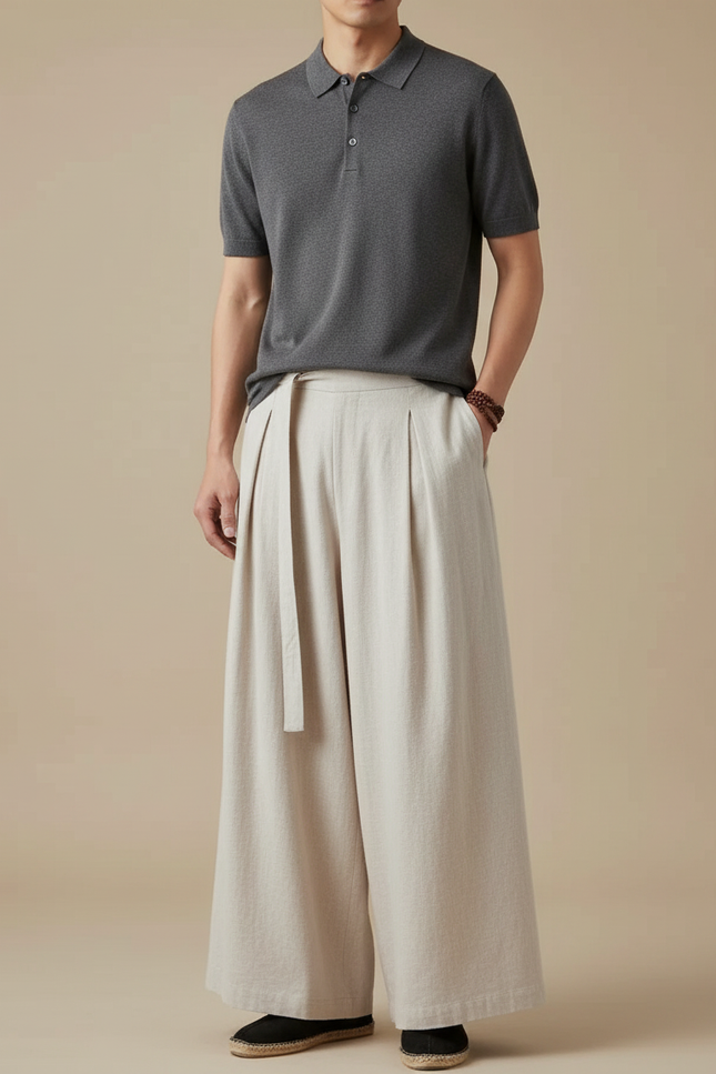 Pantalon À Pince Lin Ample Plissé Beige Homme