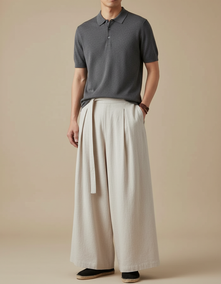 Pantalon À Pince Lin Ample Plissé Beige Homme