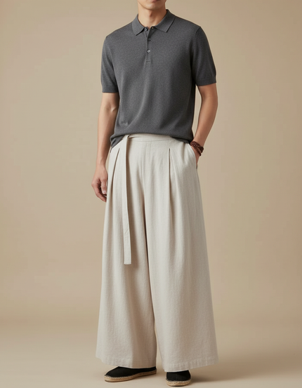 Pantalon À Pince Lin Ample Plissé Beige Homme