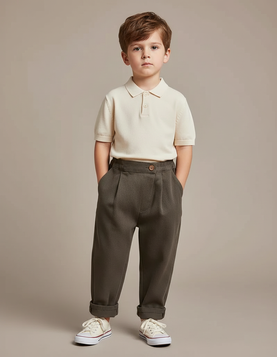 Pantalon À Pince Kaki Plissé Ample Enfant Coton - Molleton