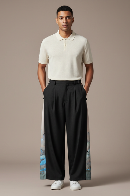 Pantalon À Pince Noir Ample Imprimé Côté Homme - Gabardine
