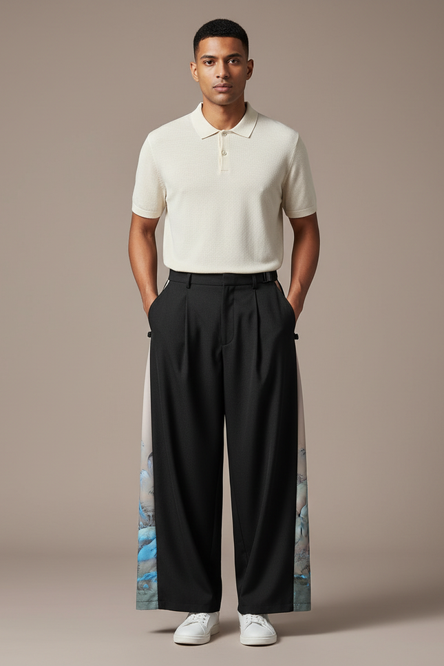 Pantalon À Pince Noir Ample Imprimé Côté Homme - Gabardine
